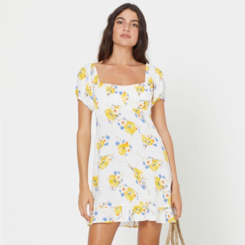 New Auguste The Label Madeline Davis Short Sleeve Mini Dress White Yellow Floral